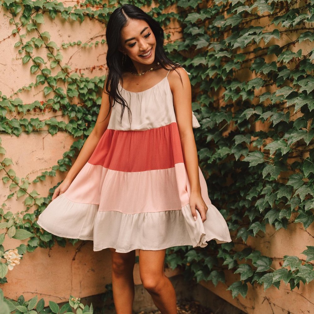 SALE || Color Block Ruffles Midi Dress In Pink